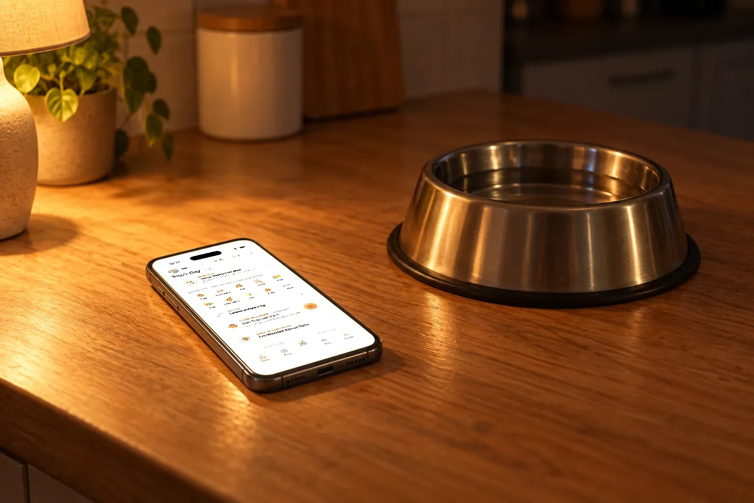A phone lying face up on a dark wooden kitchen counter late at night beside a steel dog water bowl, its screen showing the Dana app open on a cat's daily care list