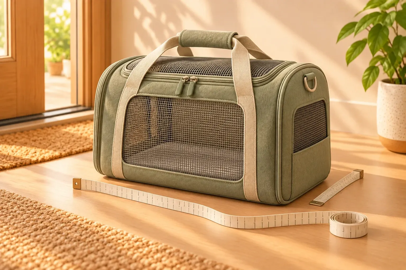 A flexible sage carrier with unnumbered measuring tapes along its front and side
