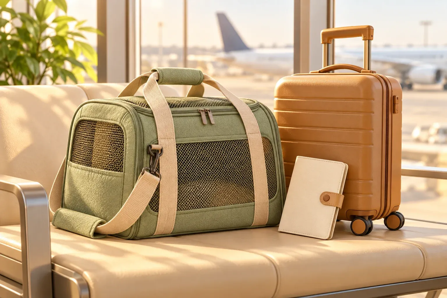 A sage pet carrier, caramel suitcase and cream document wallet at an airport