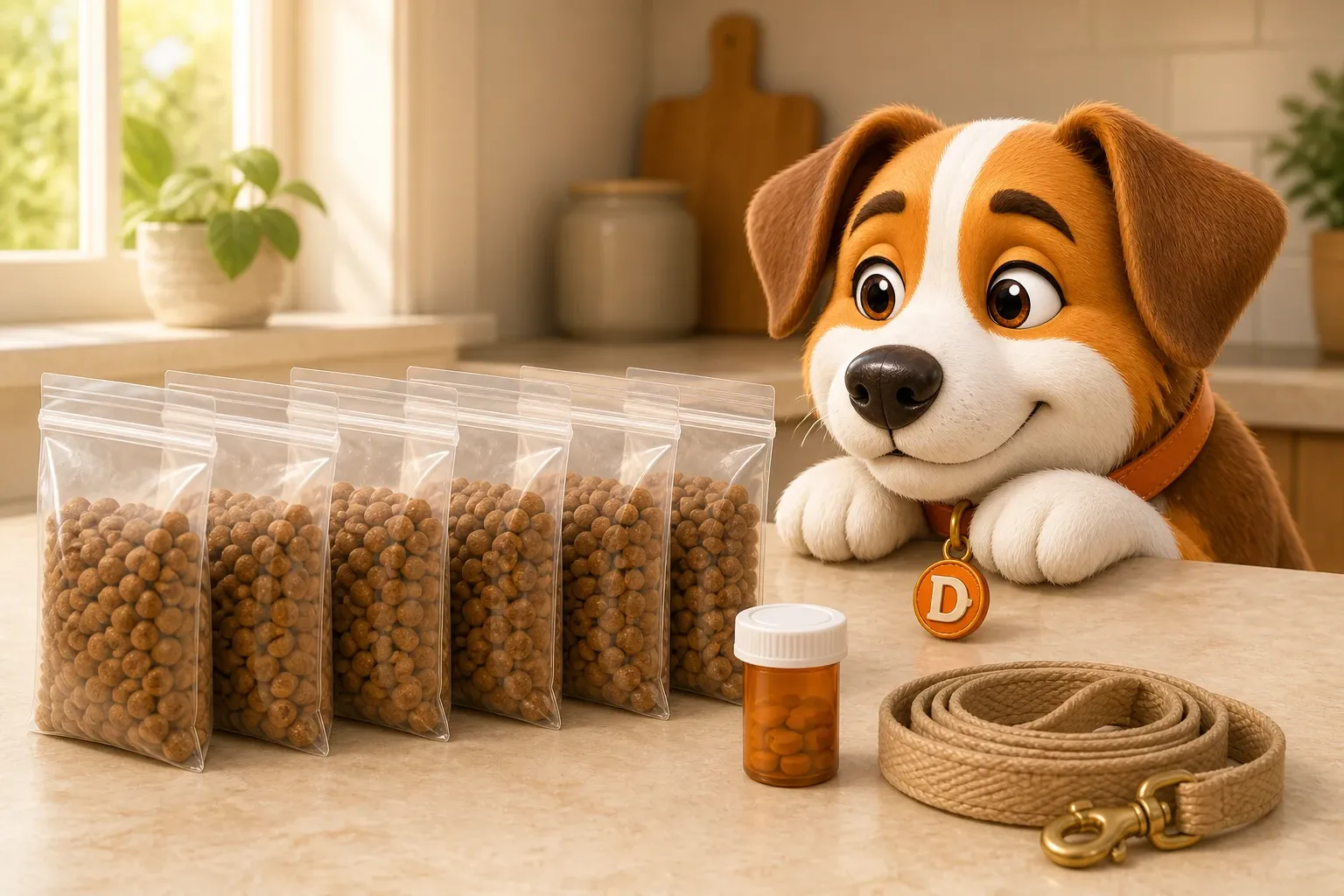 Dana the mascot dog resting her chin on a kitchen counter beside a row of pre-portioned kibble bags, a pill bottle and a folded leash