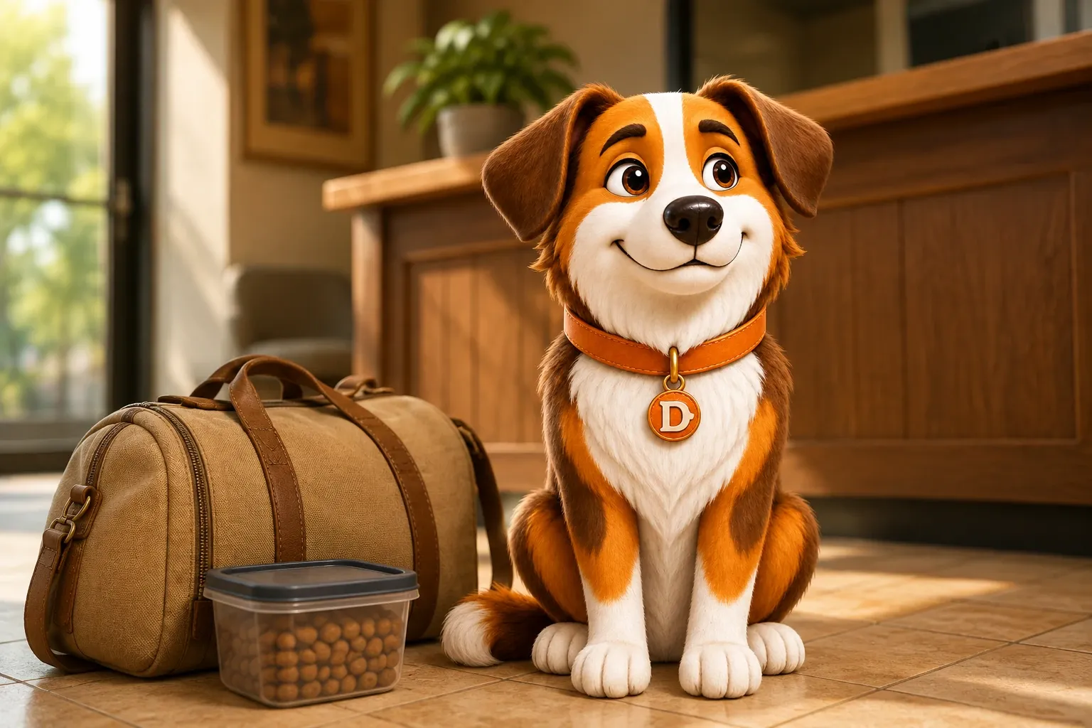 Dana the mascot dog waiting beside a packed duffel bag and a labelled food container at a boarding kennel reception desk