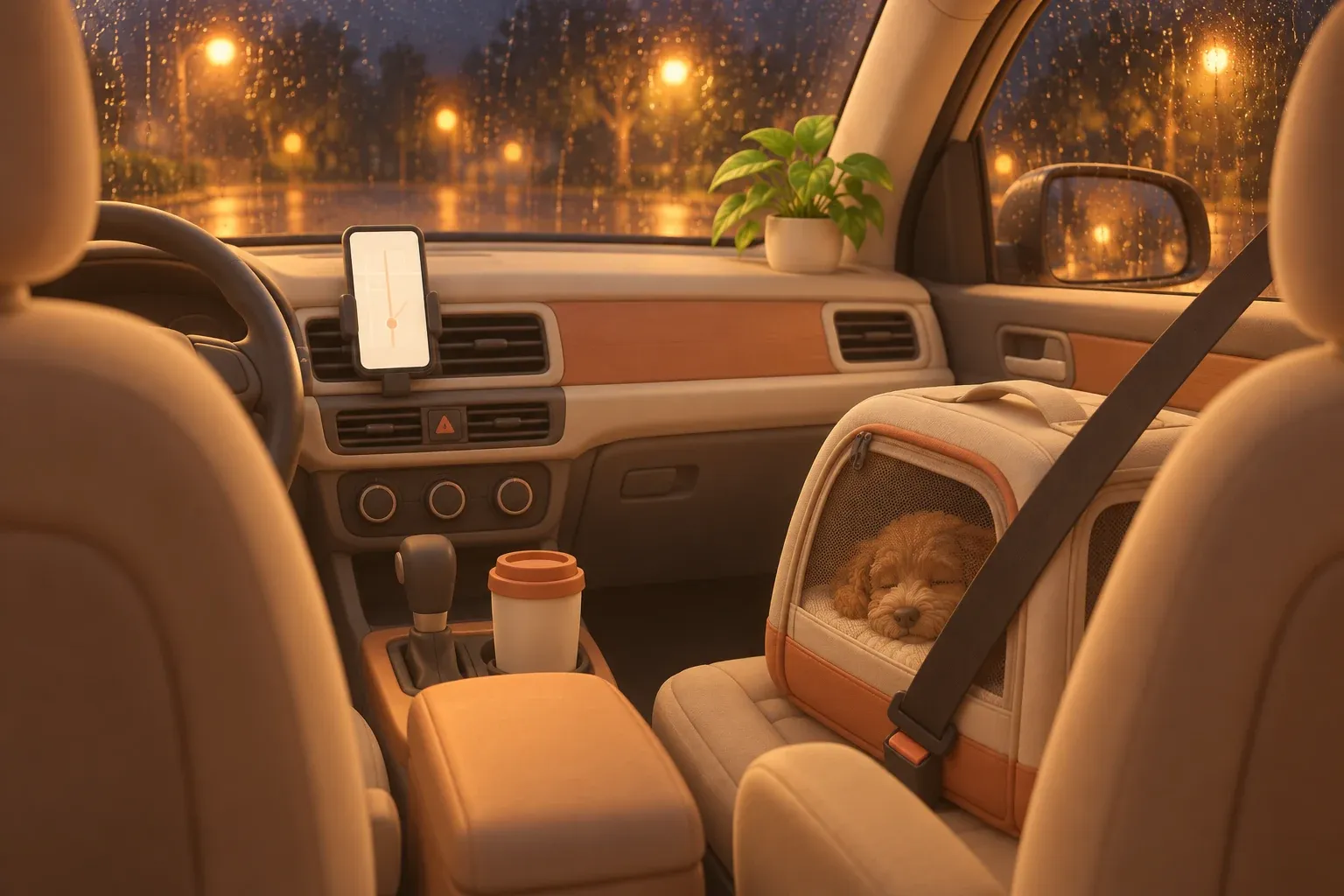 The inside of a parked car at night seen from the back seat, a phone glowing in a dashboard holder, a fabric pet carrier belted onto the front passenger seat with a small dog asleep inside, and rain running down the windows over blurred streetlights