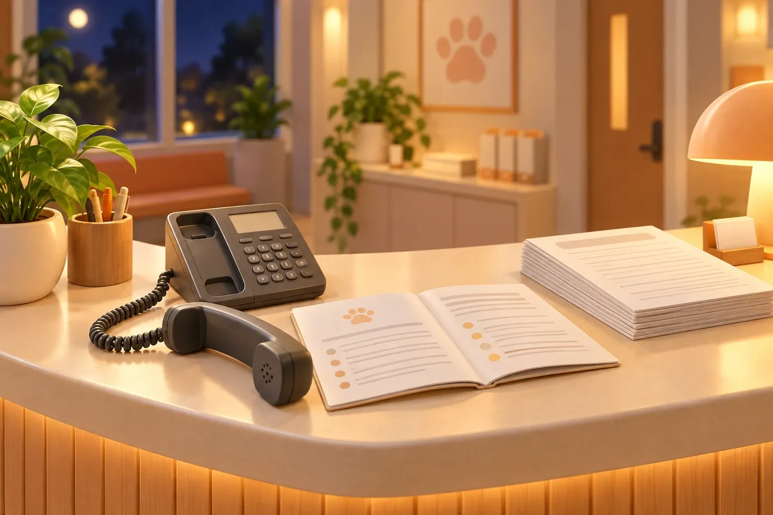 A veterinary reception desk at night with the out-of-hours phone off its cradle, a printed code of conduct open beside it and a stack of blank client registration forms