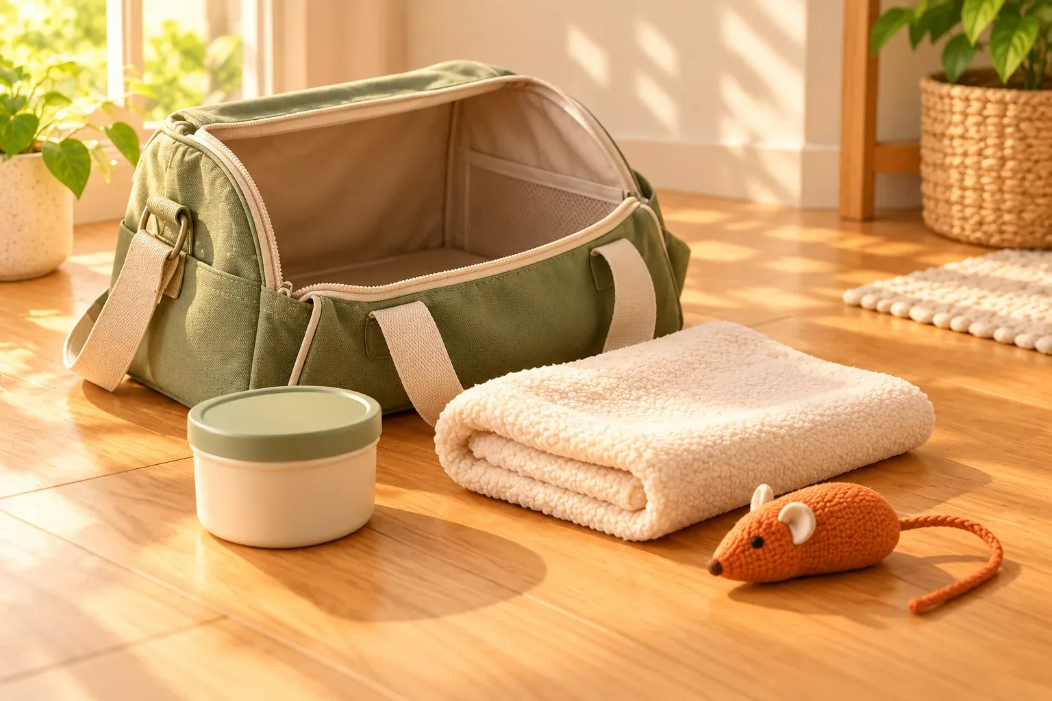 A small food container, folded cream blanket and orange fabric mouse toy arranged beside a sage travel bag