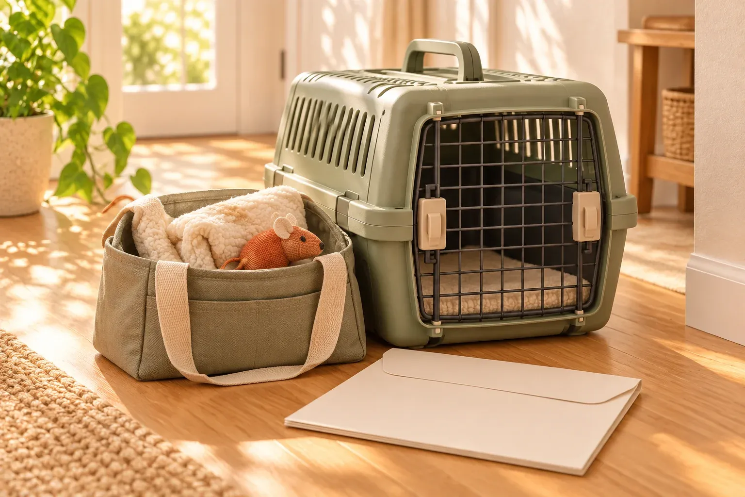 A closed sage pet carrier beside a bag holding a cream blanket and an orange mouse toy, with a plain envelope in front