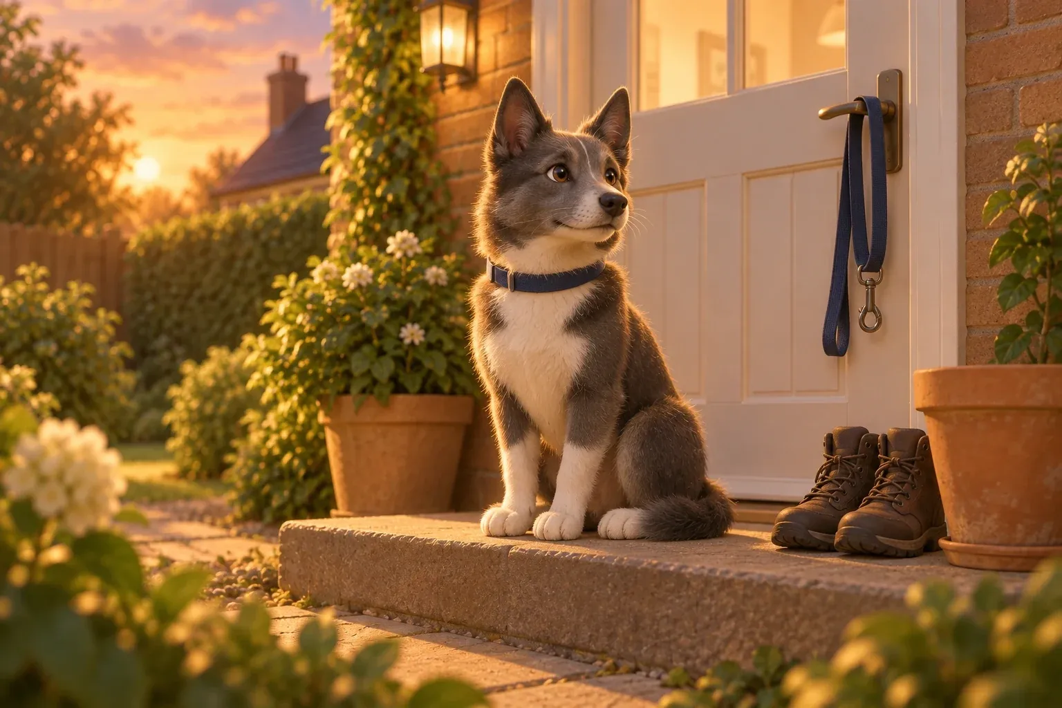 A grey and white dog with upright ears sitting on a front doorstep at sunset, a navy lead looped over the door handle above it and a pair of walking boots standing beside an empty terracotta pot
