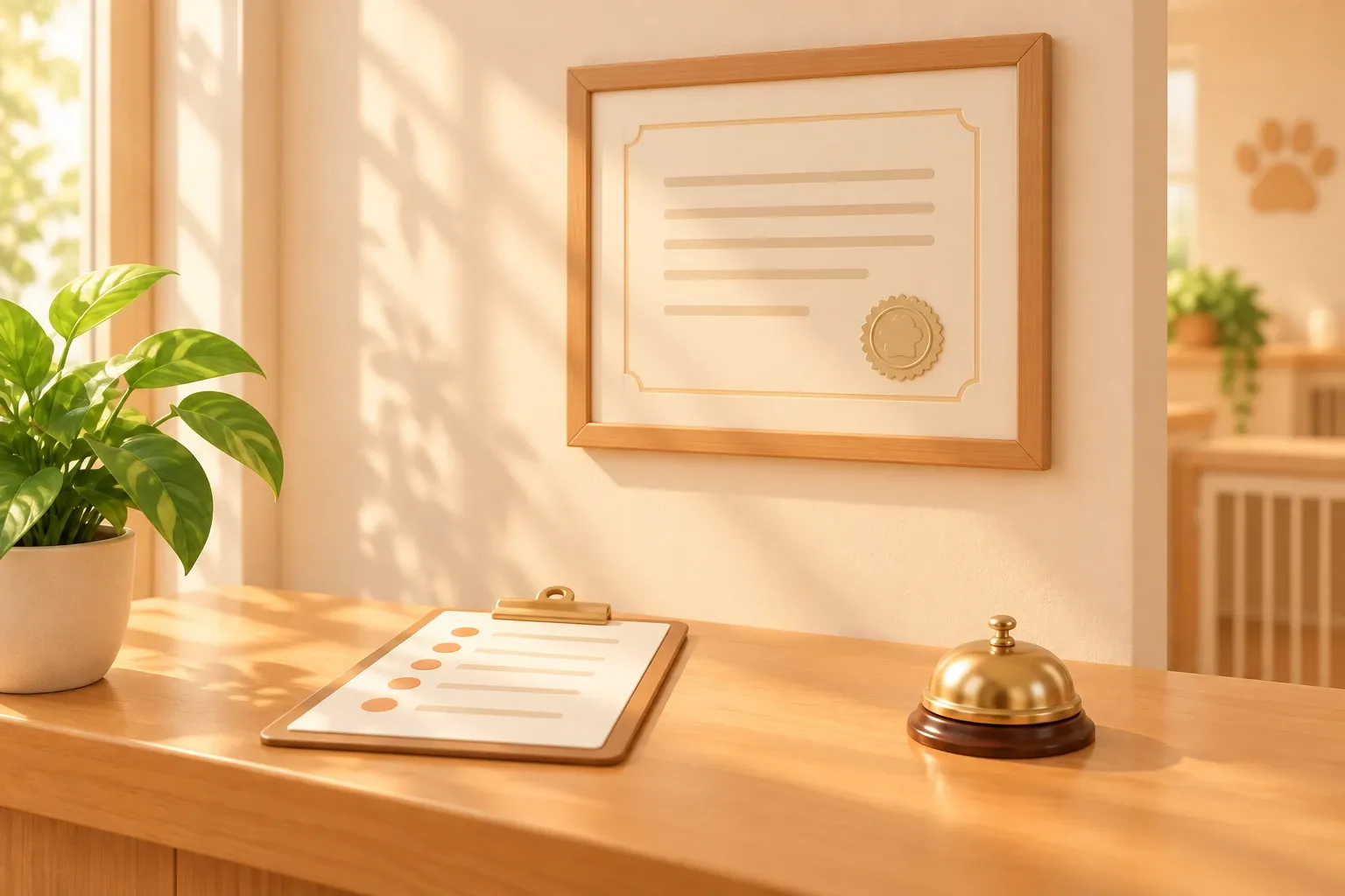 A framed boarding licence certificate with a gold seal hanging on a kennel reception wall, above a counter holding a clipboard of ticked-off entries and a brass reception bell
