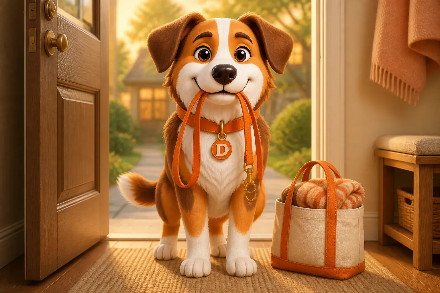Dana the mascot dog standing in an open front doorway with her leash in her mouth and a packed tote bag beside her, ready for the handoff