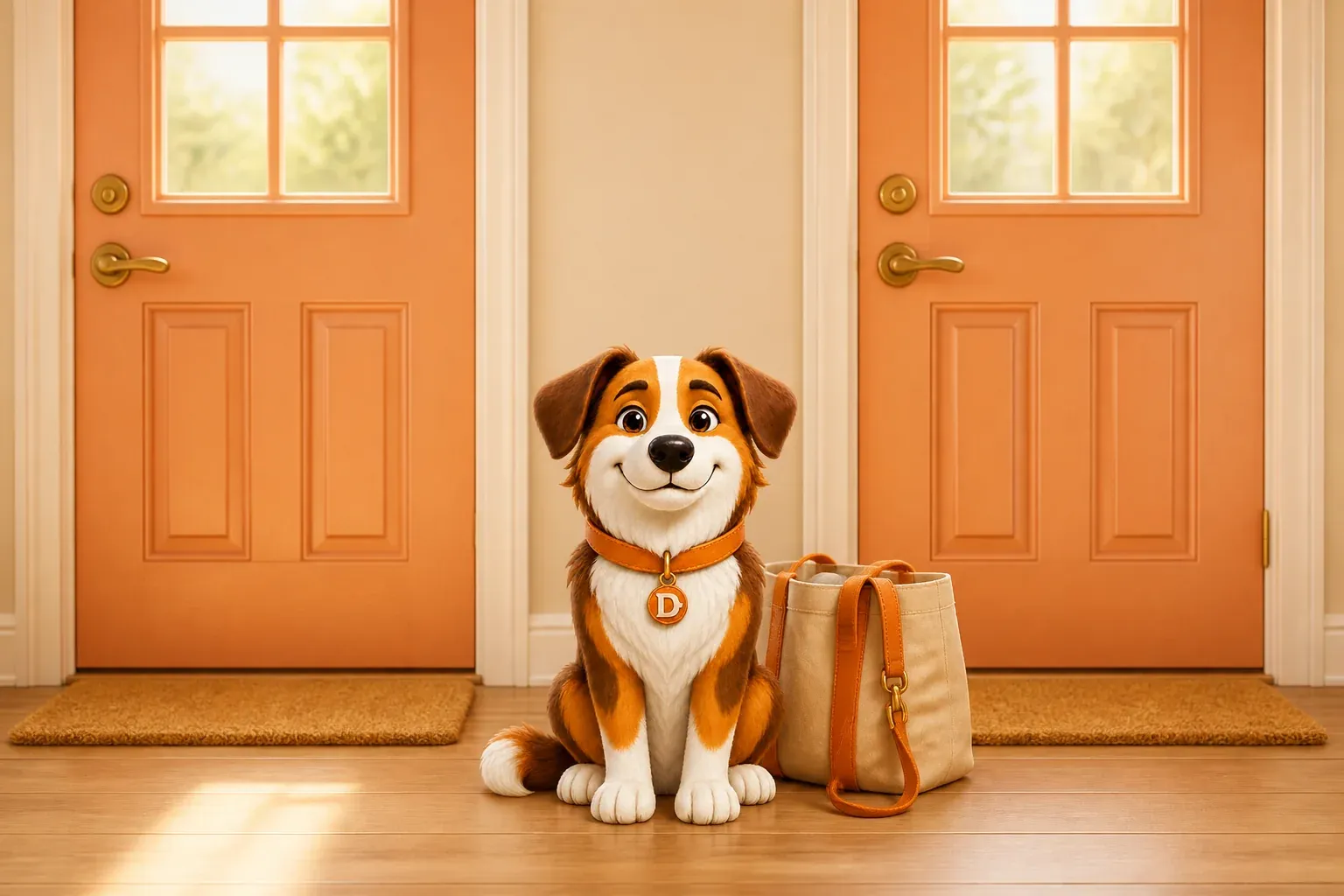 Dana the mascot dog sitting calmly between two front doors with a packed tote bag and leash beside her