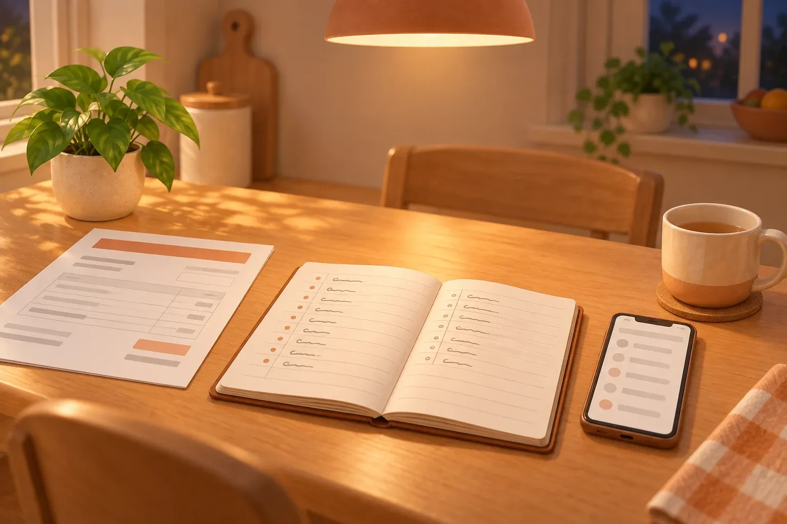 An open lined notebook holding two columns of short dated entries on a kitchen table at night under a warm pendant lamp, an itemised invoice lying to one side, a phone showing a list of calls and a cup of tea gone cold