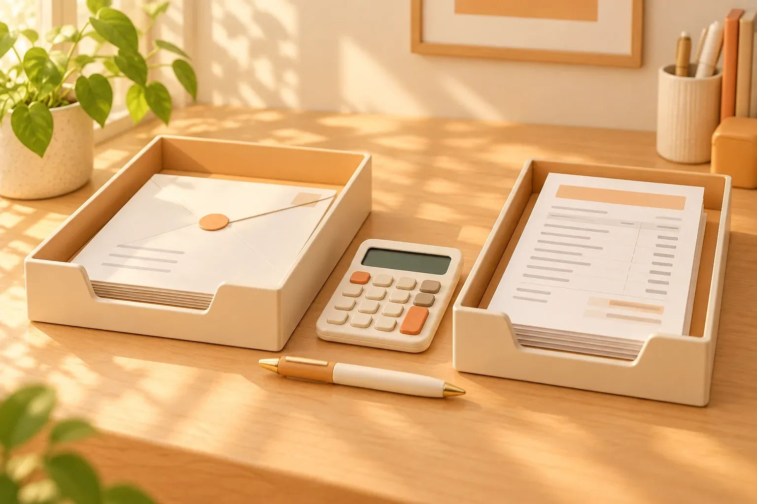 Two paper trays side by side on a desk, one holding a sealed official letter and the other a long itemised invoice, with a pen and a calculator between them