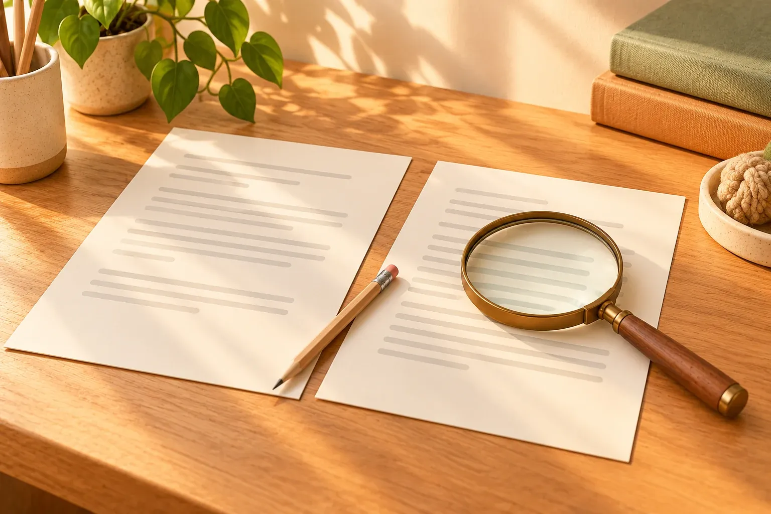 Cream record sheets with a pencil and brass magnifying glass on a wooden desk