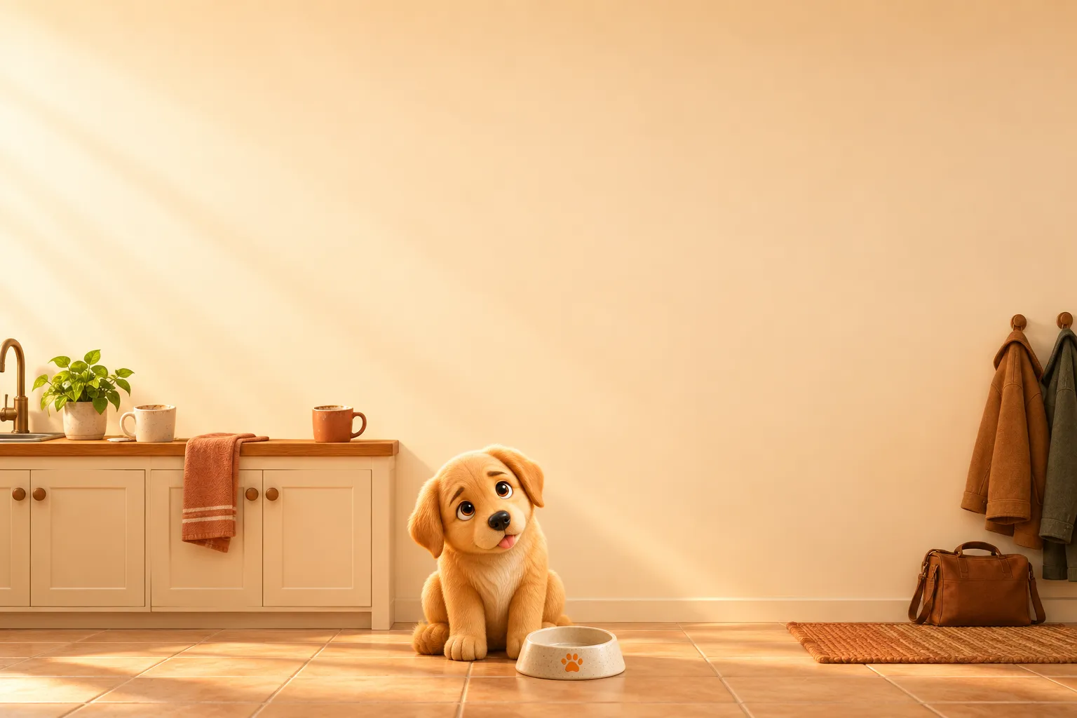 A golden puppy beside an empty bowl in a sunlit kitchen, with two mugs on the counter and coats by the door.
