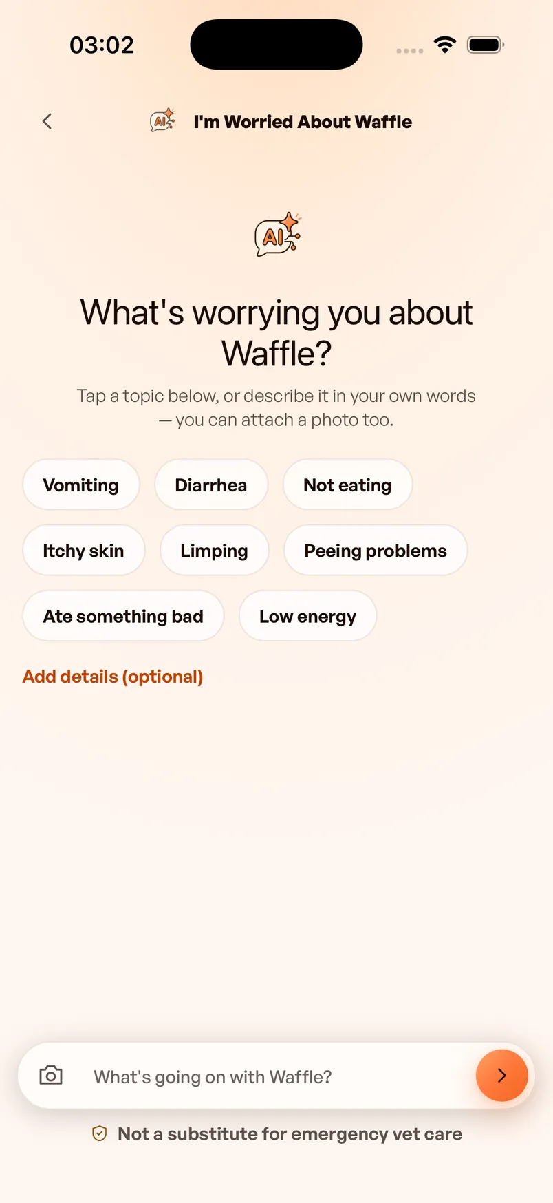 The Dana AI screen asking what is worrying you, with common concern chips like vomiting or limping