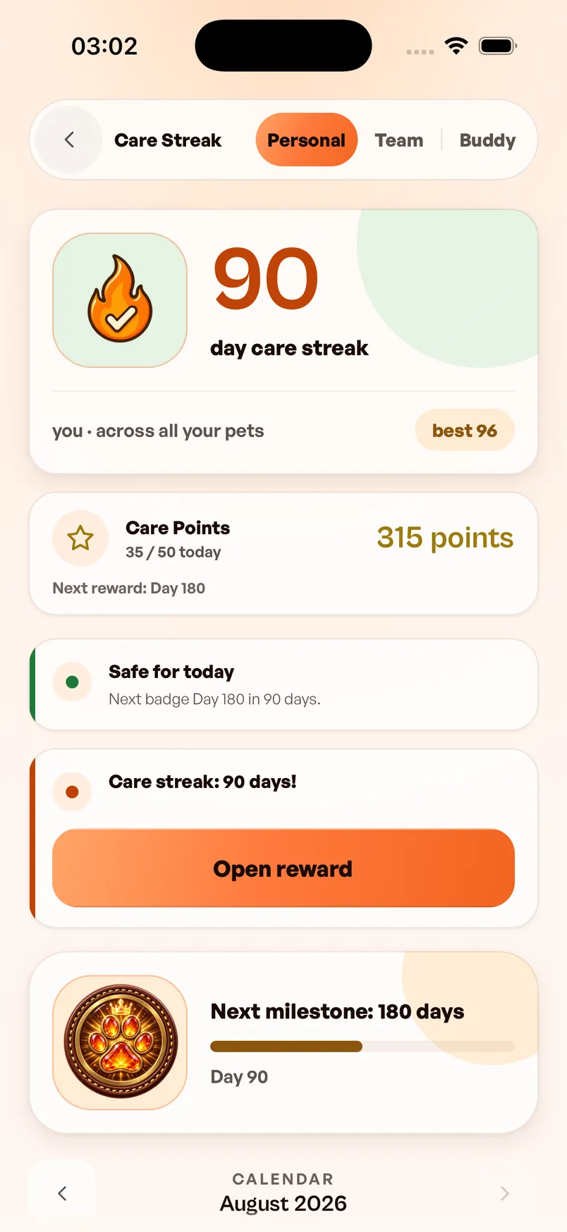 Dana Care Streak screen showing a 90-day streak, care points, and the next milestone medal