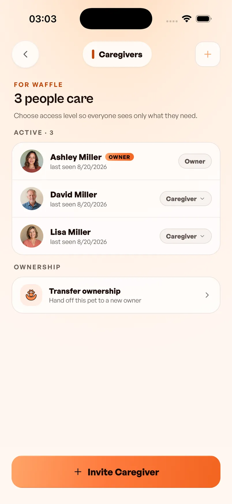 Dana caregivers screen showing three people caring for Waffle: an owner and two caregivers