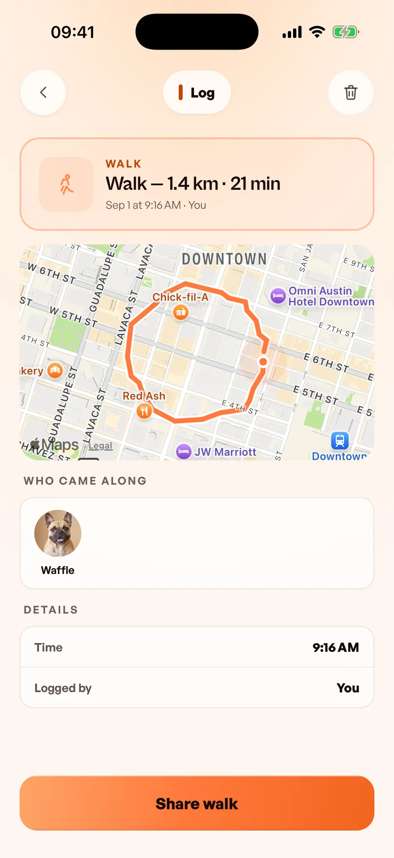 Dana walk log showing a 1.4 km route drawn on a downtown map, the dog who came along, and the time it was logged