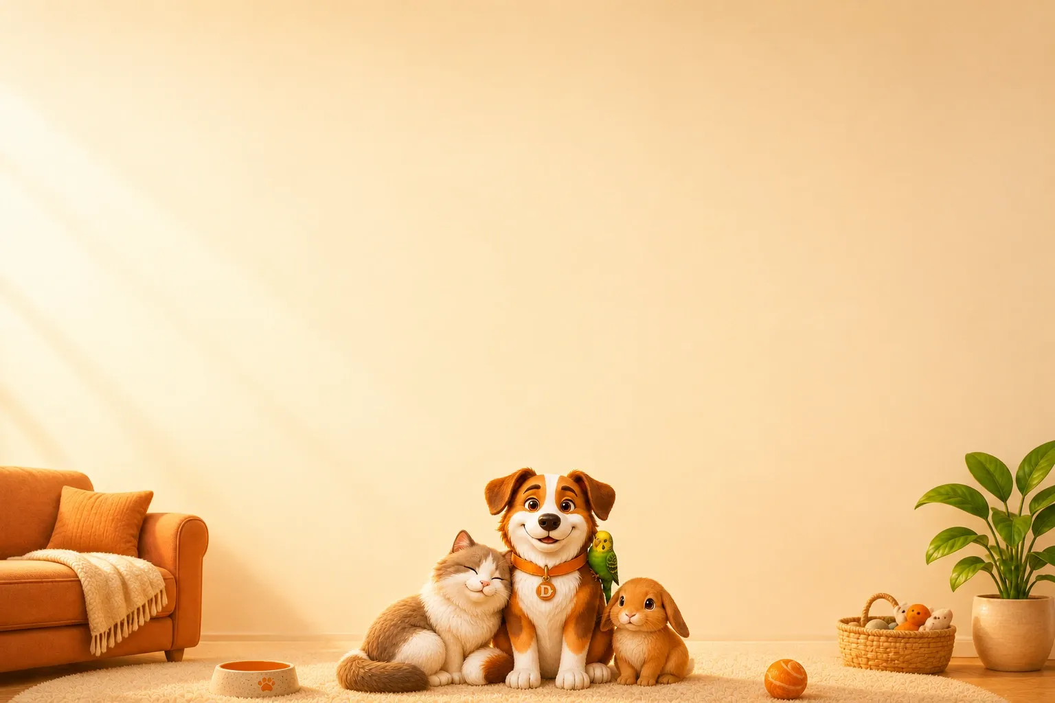 Dana the mascot dog at home with a cat, a rabbit, and a budgie — the whole household in one warm scene