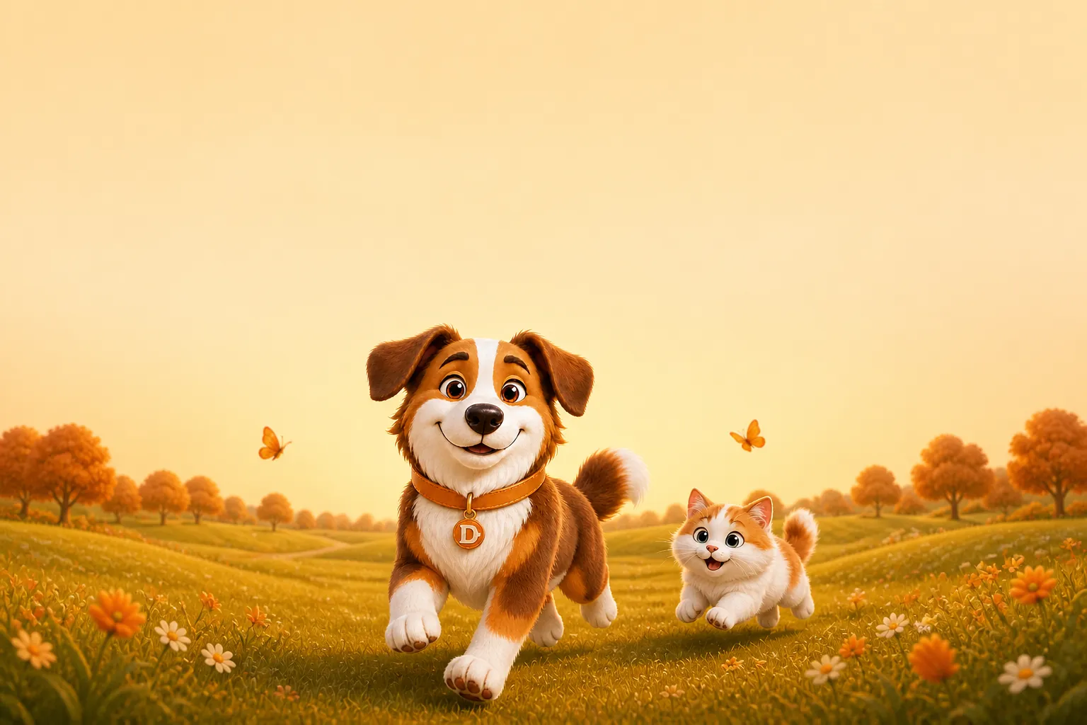 Dana the mascot dog running through a sunlit park beside the family, leash trailing, with the cat watching from the grass