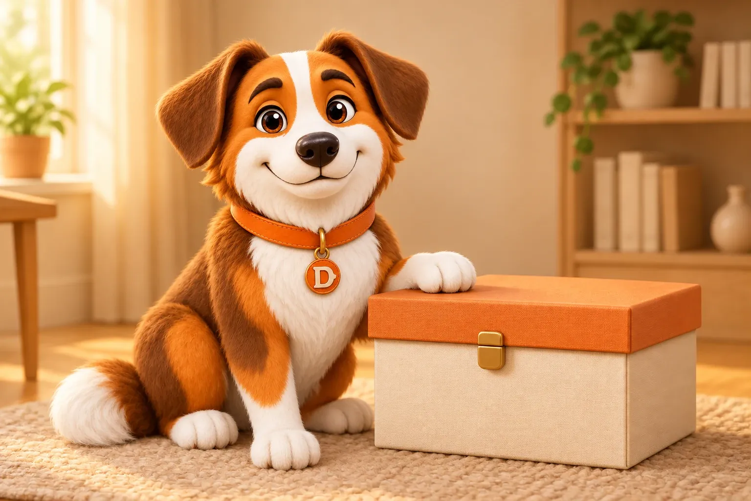 Dana the mascot dog sitting calmly in a warm room with one paw resting on the closed lid of a cream record box