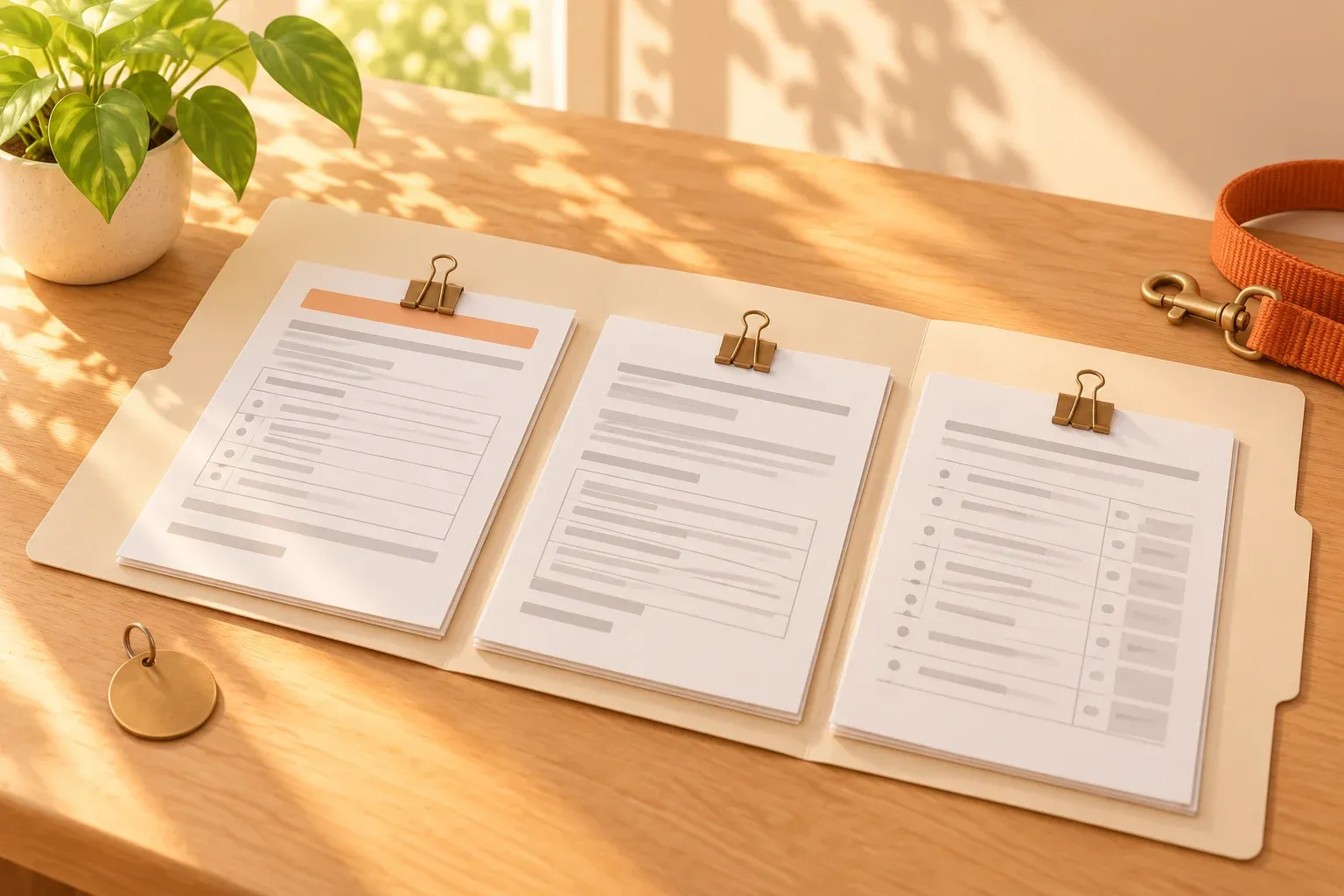 A cream folder with separate paper bundles, a bronze paperclip and a plain identification tag on a table