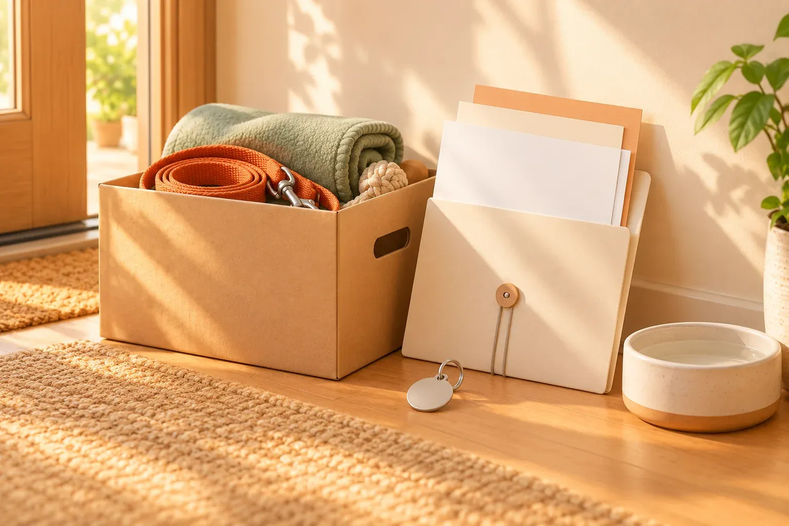 A box holding an orange leash and sage blanket beside a cream document wallet, a plain metal tag and a water bowl