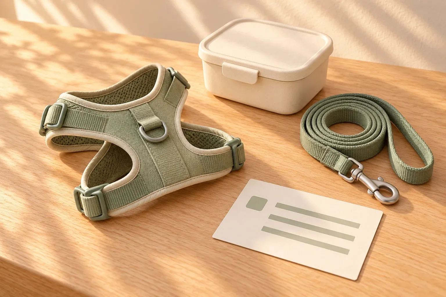 A sage harness with a lead, a small cream container and a cream card with sage rules laid together on an oak reception counter