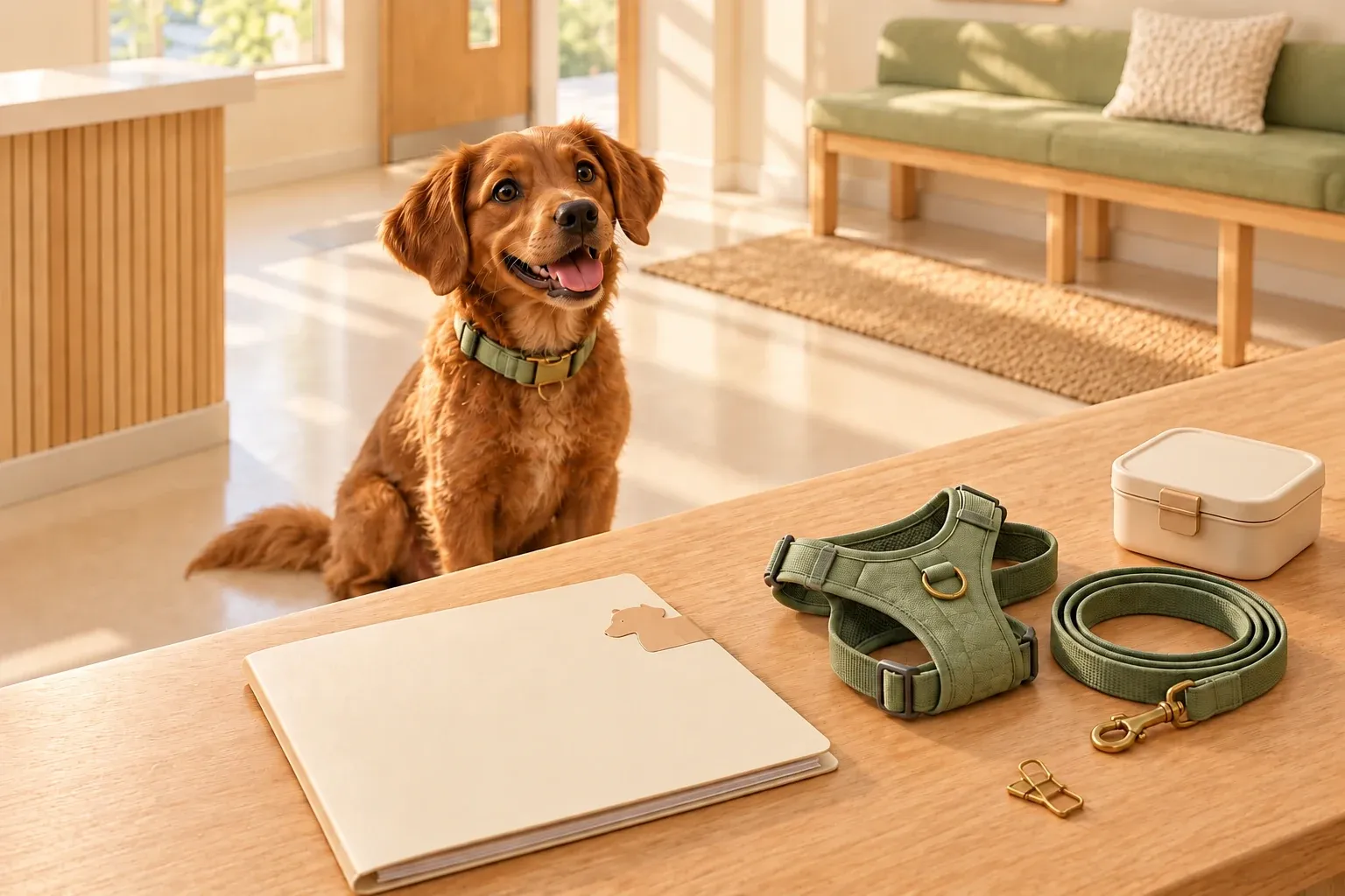 A golden-brown wavy-coated dog sitting in a daycare lobby behind an oak counter that holds a cream intake folder with a dog-head tab, a sage harness and lead, a cream container and a brass clip