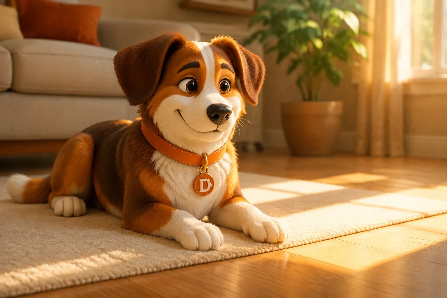 Dana the mascot dog lying on a rug in a sunlit empty living room, watching a patch of afternoon light on the floor
