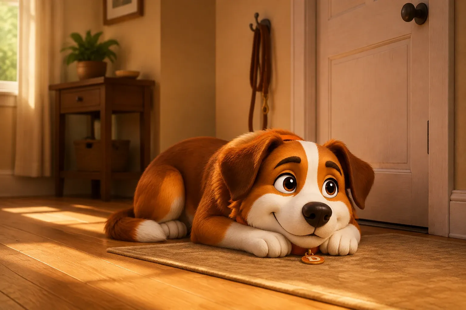 Dana the mascot dog lying on a mat by a closed front door, chin on her paws, watching the door while afternoon light falls across the floorboards