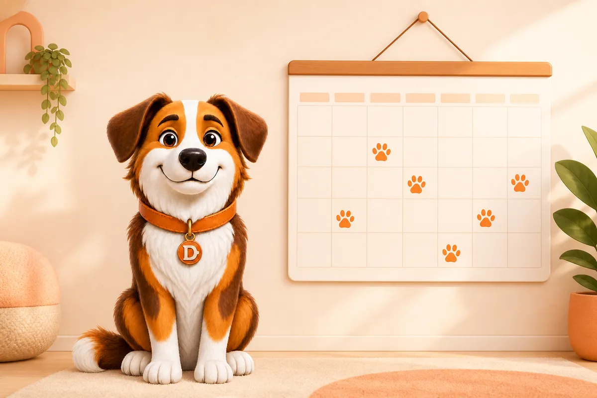 Dana the mascot dog beside a wall calendar with paw-print stickers on several days