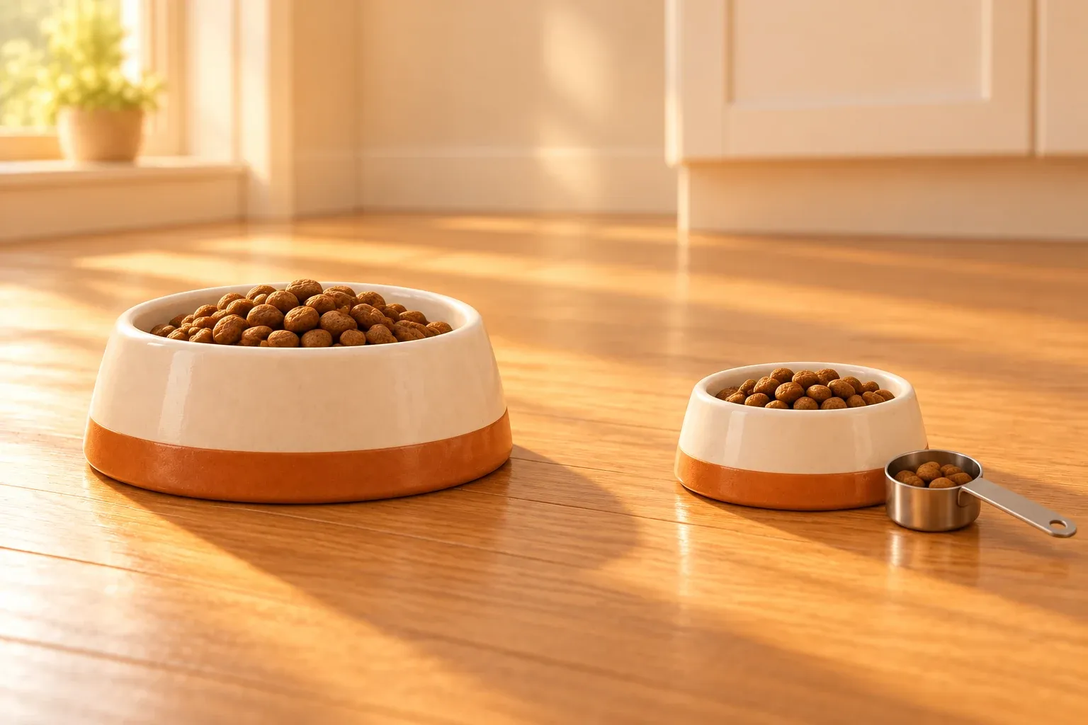 Two ceramic pet bowls of different sizes on a kitchen floor set well apart, a metal measuring scoop resting beside the smaller one, morning light across the tiles