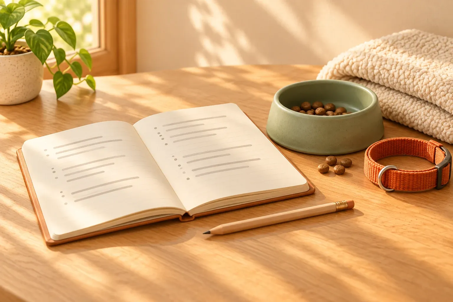 An open notebook and pencil beside a sage food bowl, orange collar and folded blanket