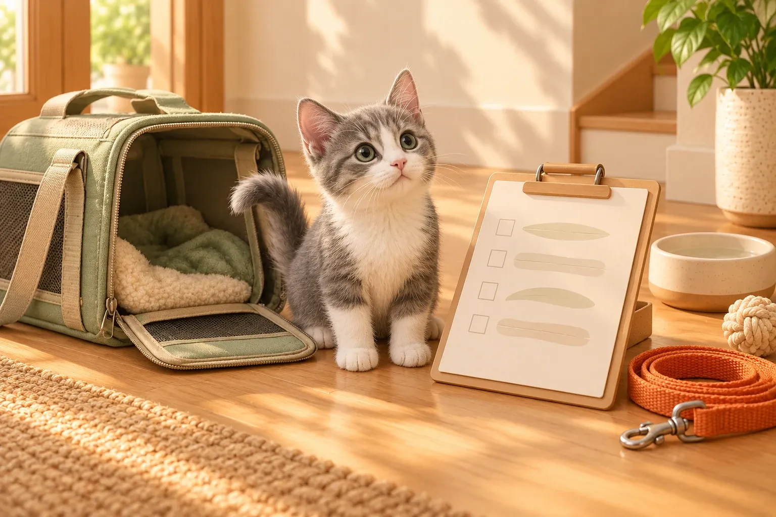 A grey and white cat beside an open carrier, clipboard, leash and food bowl