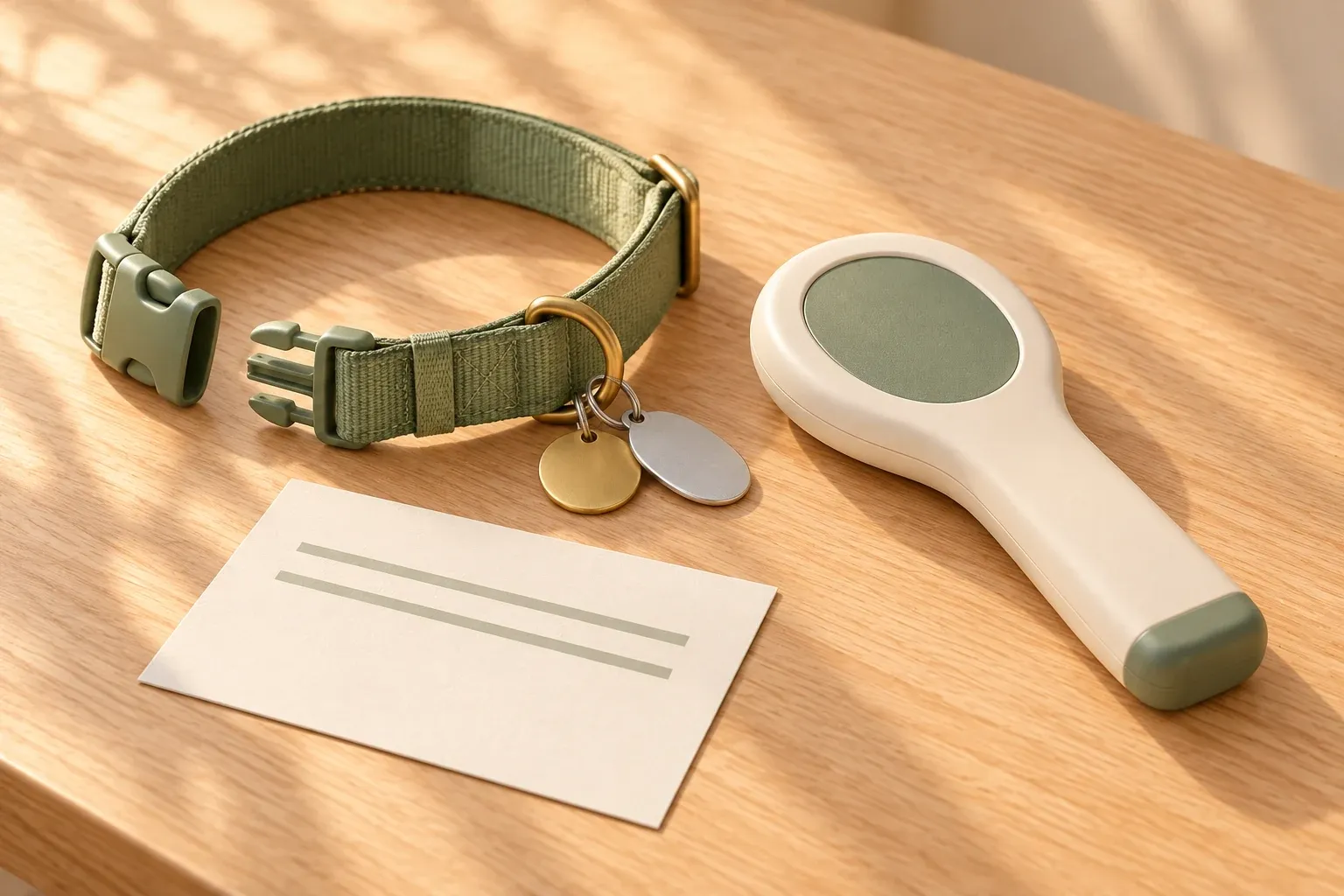 An unbuckled sage collar with a round brass tag and an oval silver tag, a cream card with two sage rules and a cream handheld microchip scanner on an oak table