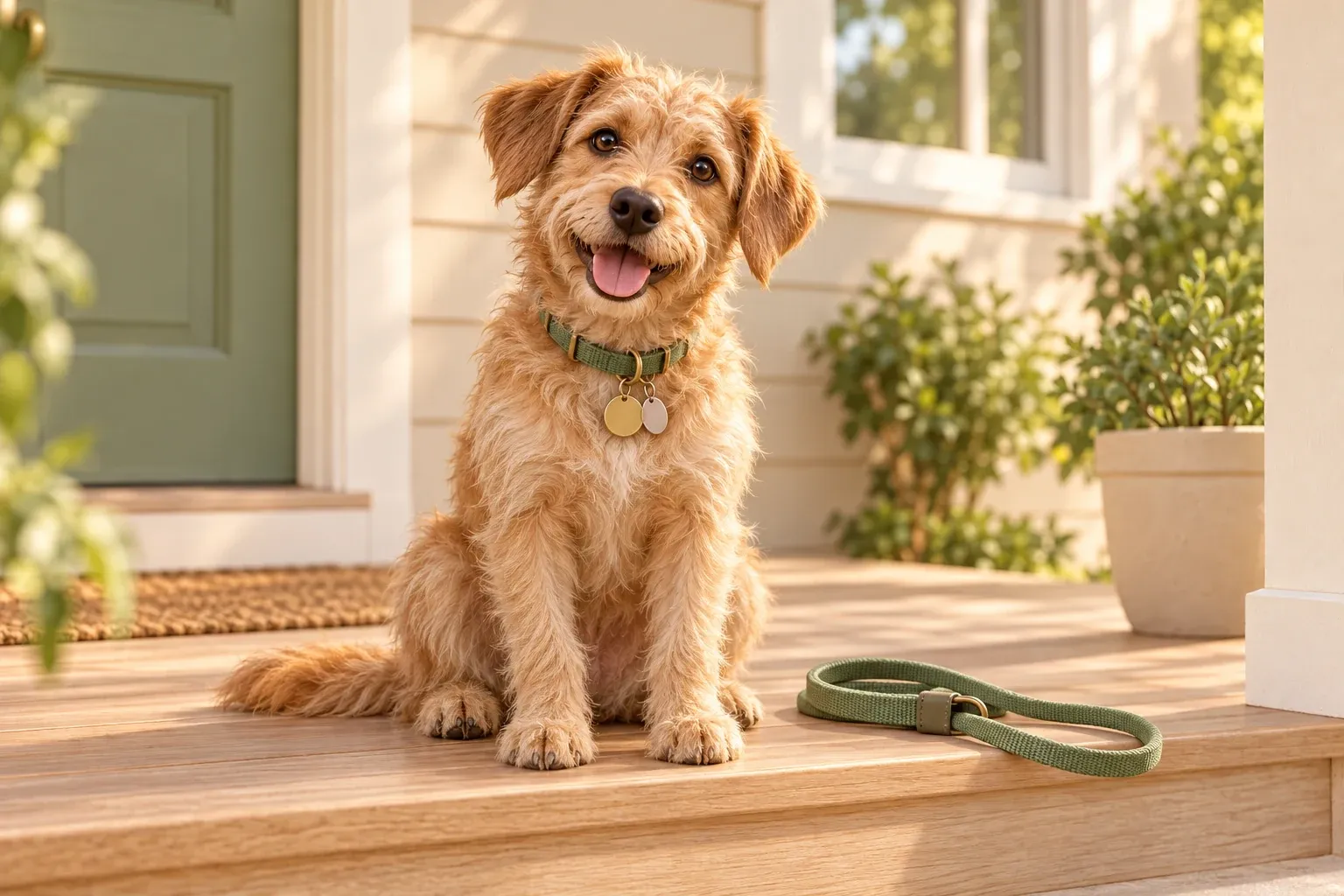 A scruffy wheaten dog sitting on an oak porch step wearing a sage collar with two blank metal tags, a folded sage slip lead beside it