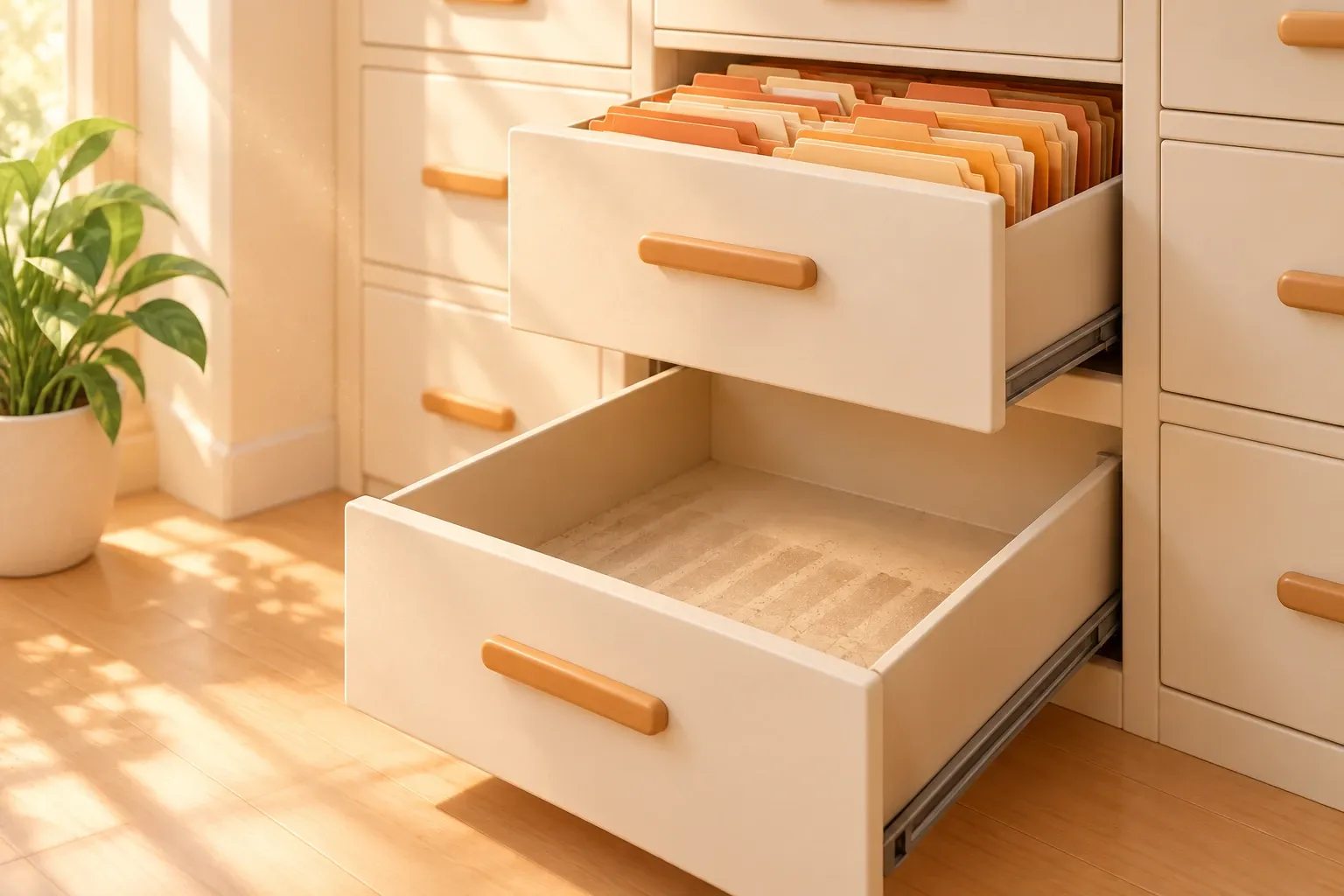 Two filing drawers in a sunlit clinic office, the upper one packed with orange and cream folders, the lower one pulled open and empty apart from the dust outline where folders used to stand