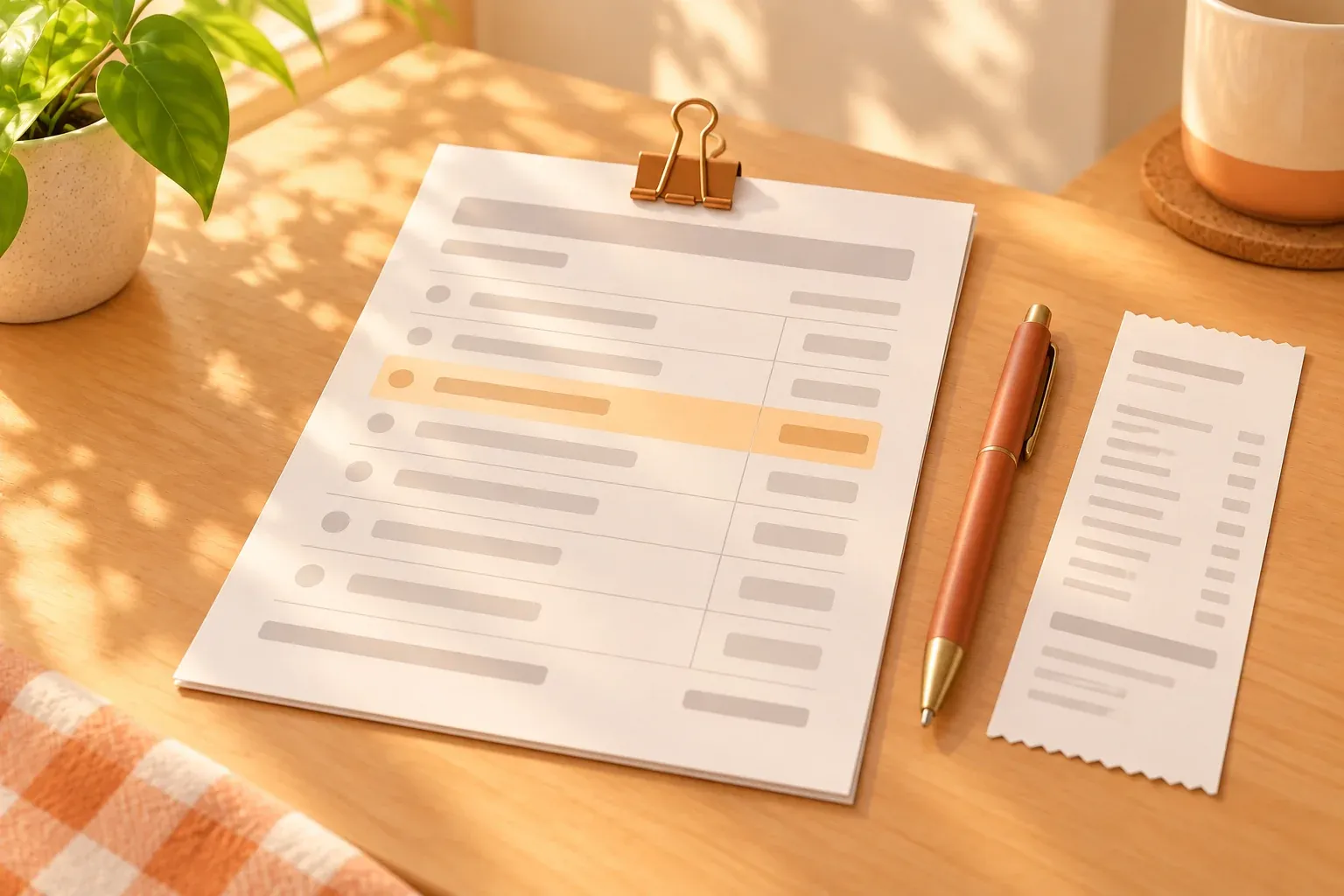 A clipped cream paper with one amber row beside a narrow receipt and a bronze pen on a wooden table
