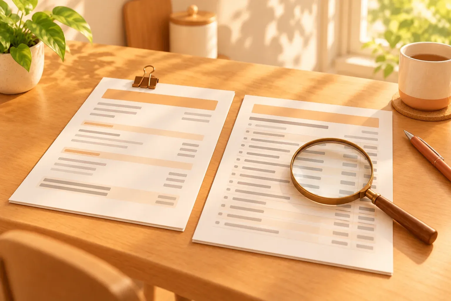 Two papers with rows of abstract lines on a wooden desk, with a brass magnifying glass resting over the right-hand sheet