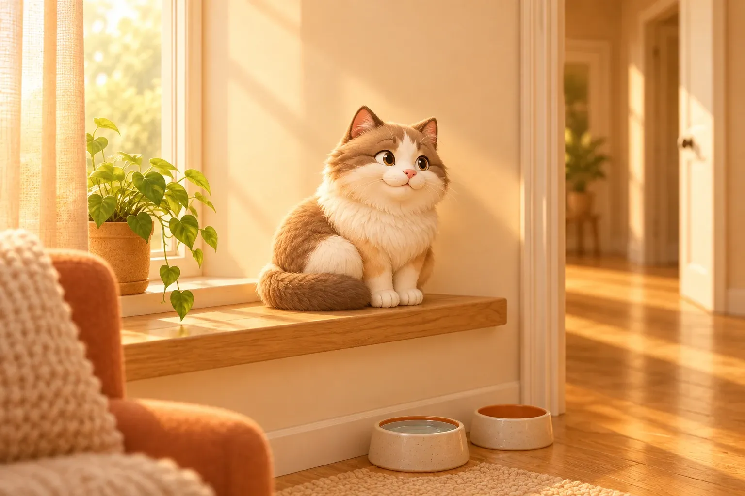 A cream plush cat sitting alone on a sunlit windowsill, two ceramic bowls on the floor below her and an empty hallway through the open door