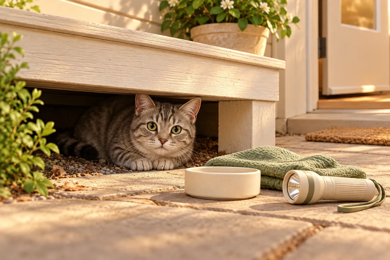 A grey tabby cat crouched in the gap under a cream porch step at dusk, with a cream bowl, a folded sage cloth and a cream flashlight on the paving and the back door ajar behind