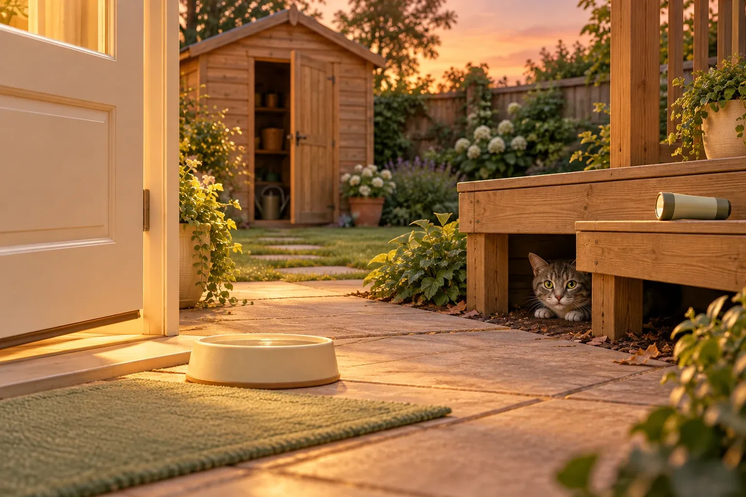 A grey tabby cat peering out from under a wooden deck at dusk, with an open cream back door, a cream bowl on the patio and a cedar shed behind