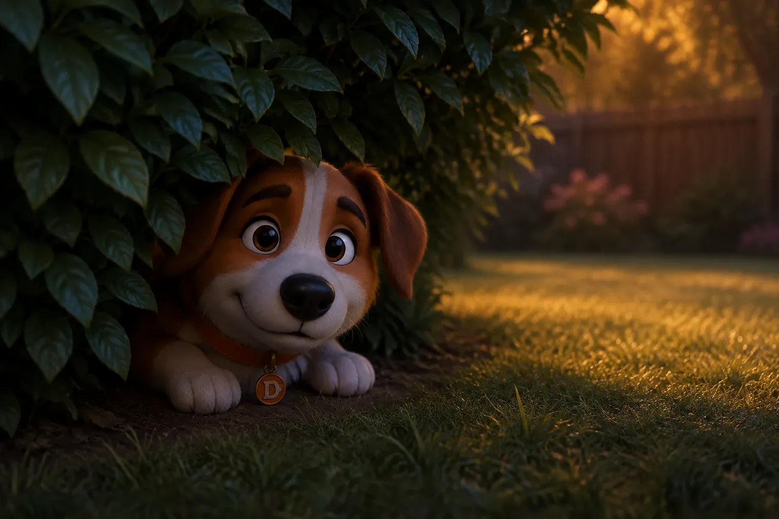 Dana the mascot dog peering out from under a garden hedge at dusk