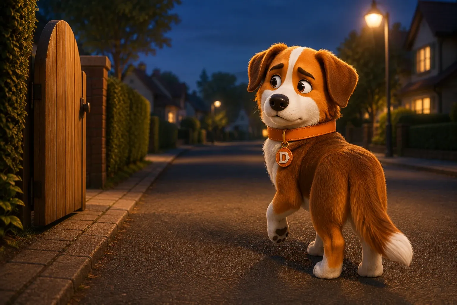 Dana the mascot dog stopped alone in the middle of a suburban street at dusk, one paw raised, looking back over her shoulder at an open garden gate