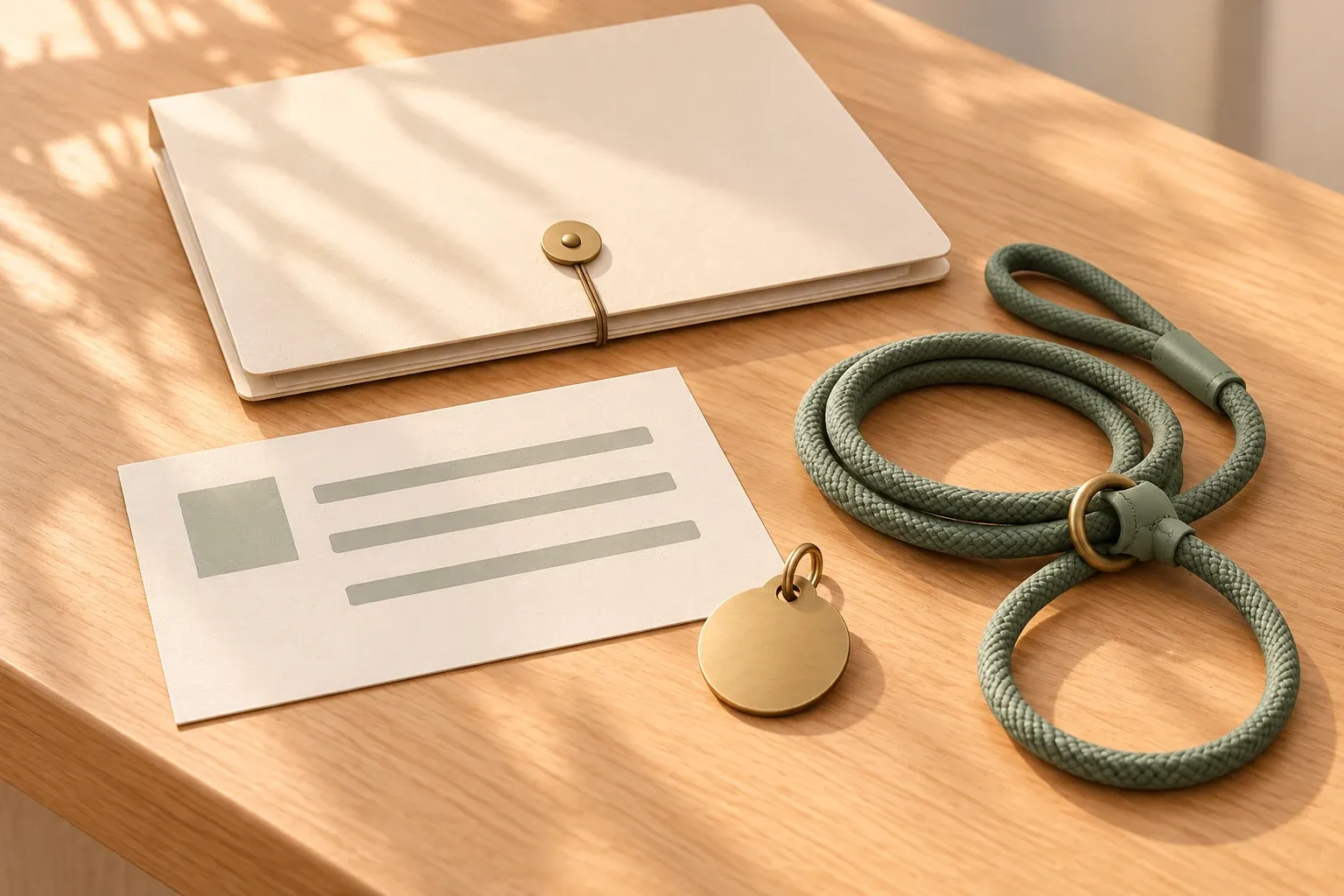 A cream appointment card beside a brass dog tag and a sage slip lead on an oak reception counter, with a closed cream folder behind
