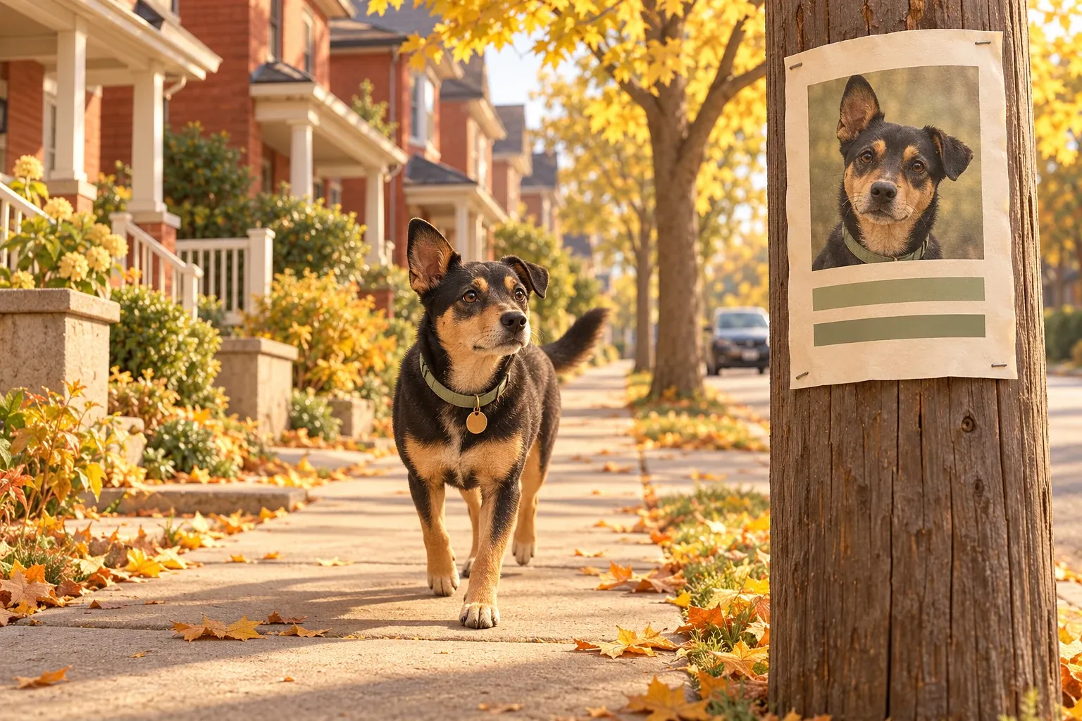A black and tan dog with one ear up and a brass tag on its sage collar trotting alone along a leaf-covered sidewalk past red-brick houses, with a lost-dog poster showing the same dog stapled to a wooden pole in the foreground