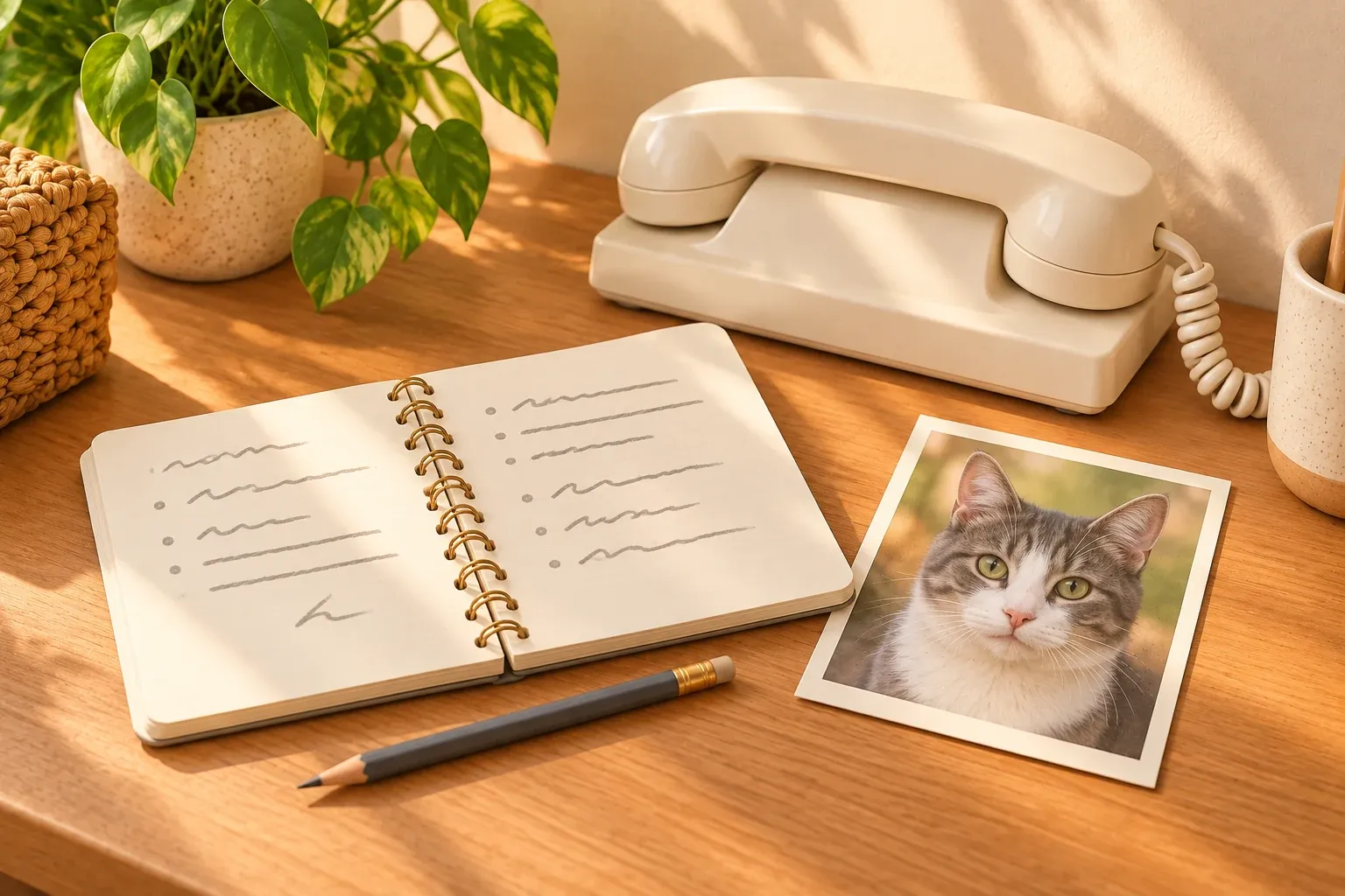 A telephone, open notebook and pencil beside a grey and white cat portrait