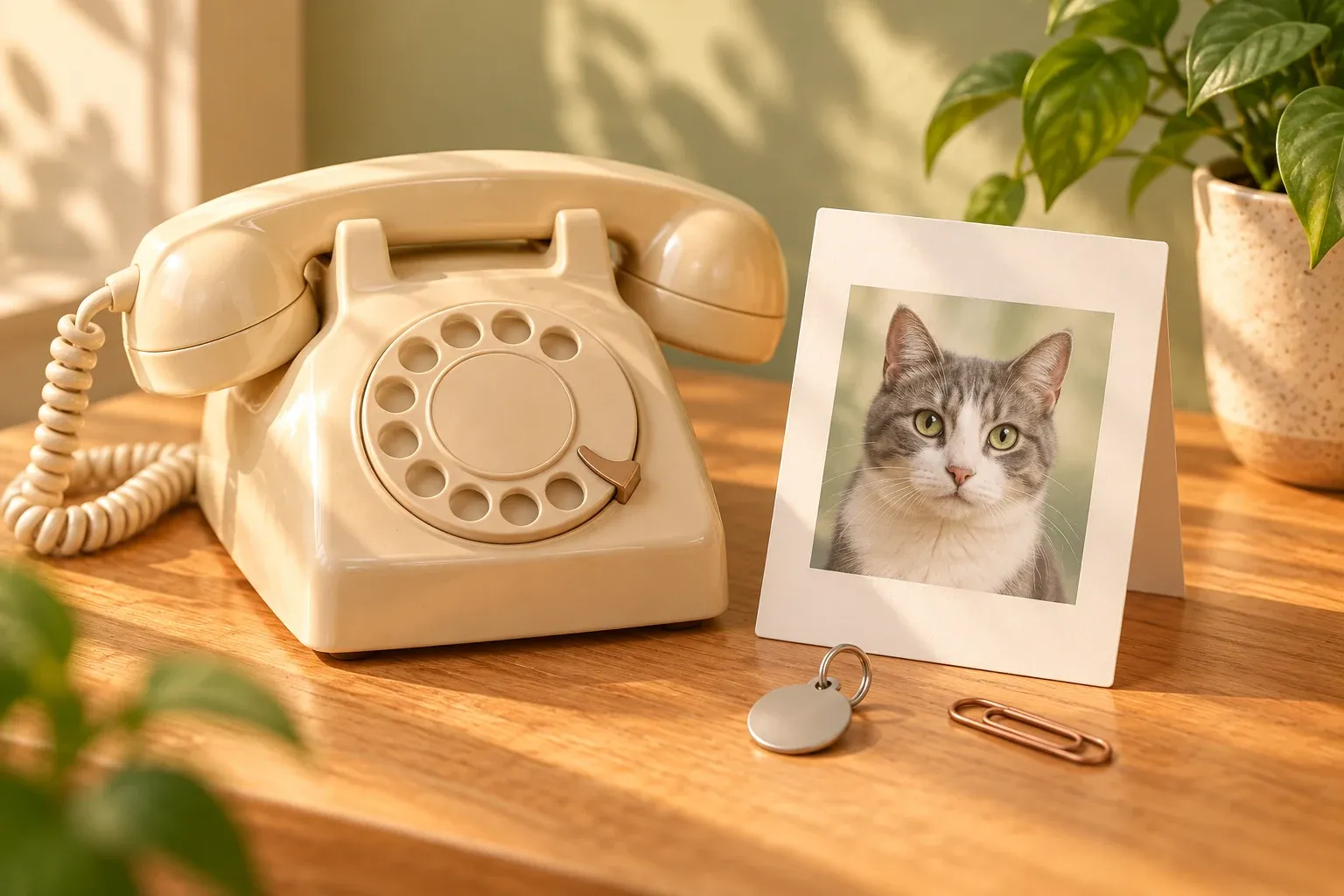 A cream telephone beside a tabby cat portrait and plain pet tag