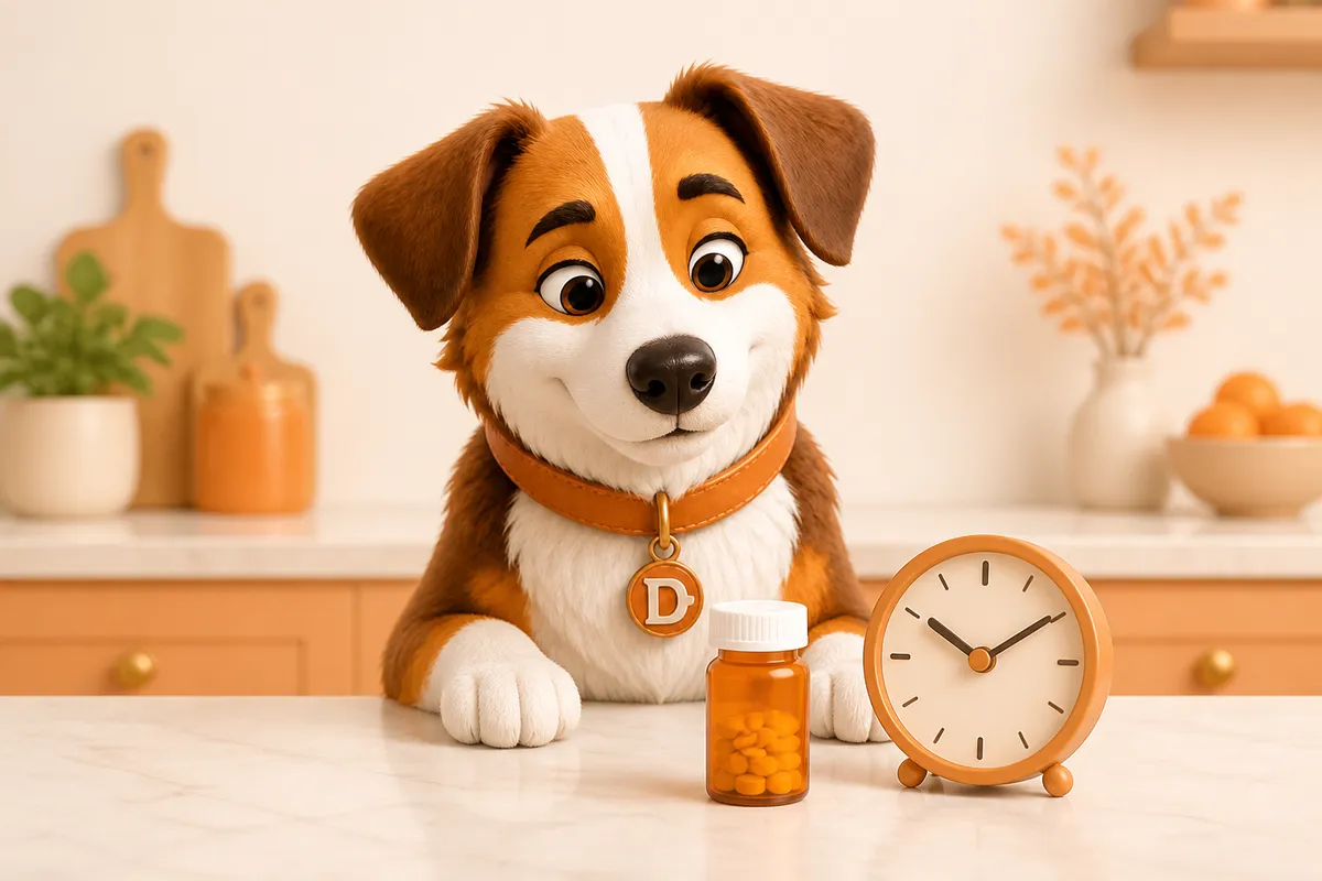 Dana the mascot dog watching a pill bottle and a clock on a kitchen counter