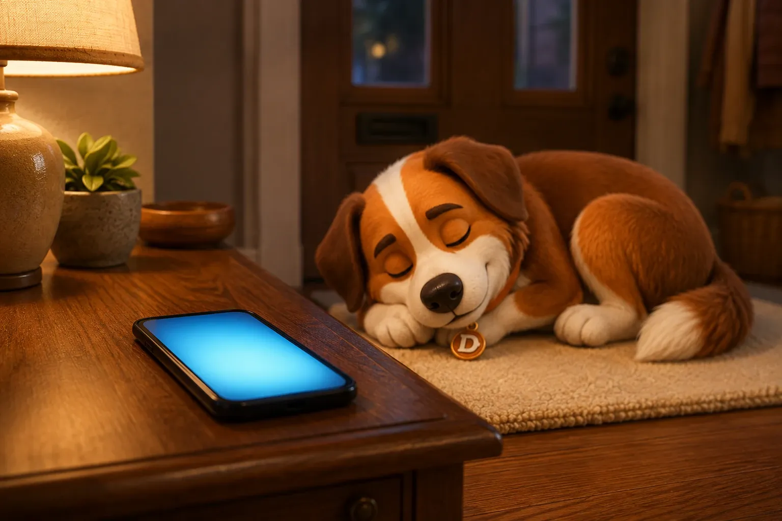 Dana the mascot dog asleep on a hall rug while a phone lies face up on the table beside her, its screen lit with a call nobody is answering